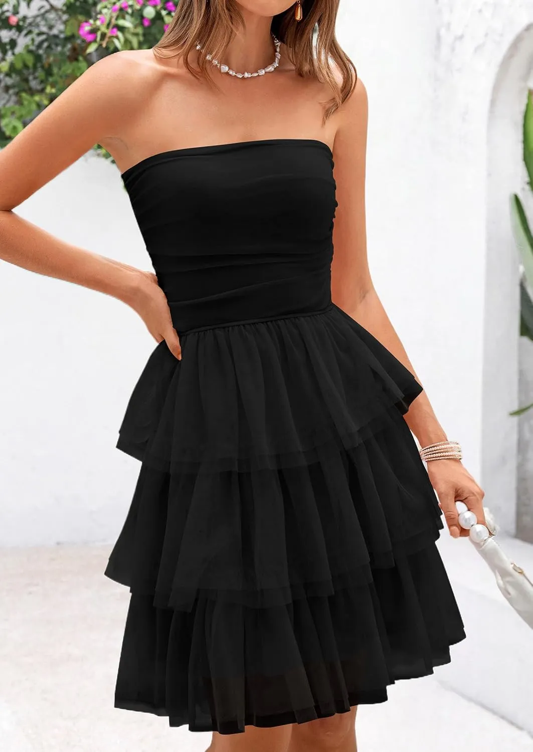 PRETTYGARDEN Womens Tulle Dress Strapless Tube Top Short Dress Summer Ruffle Tiered Beach Sundress Wedding Guest Dresses