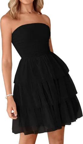 PRETTYGARDEN Womens Tulle Dress Strapless Tube Top Short Dress Summer Ruffle Tiered Beach Sundress Wedding Guest Dresses