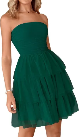 PRETTYGARDEN Womens Tulle Dress Strapless Tube Top Short Dress Summer Ruffle Tiered Beach Sundress Wedding Guest Dresses