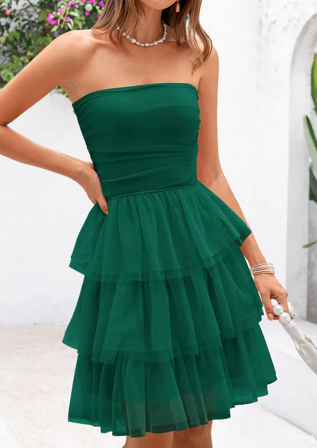 PRETTYGARDEN Womens Tulle Dress Strapless Tube Top Short Dress Summer Ruffle Tiered Beach Sundress Wedding Guest Dresses