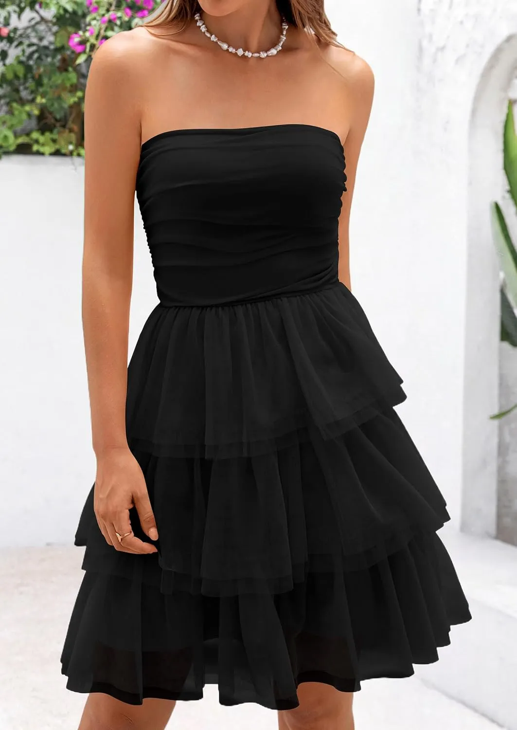 PRETTYGARDEN Womens Tulle Dress Strapless Tube Top Short Dress Summer Ruffle Tiered Beach Sundress Wedding Guest Dresses