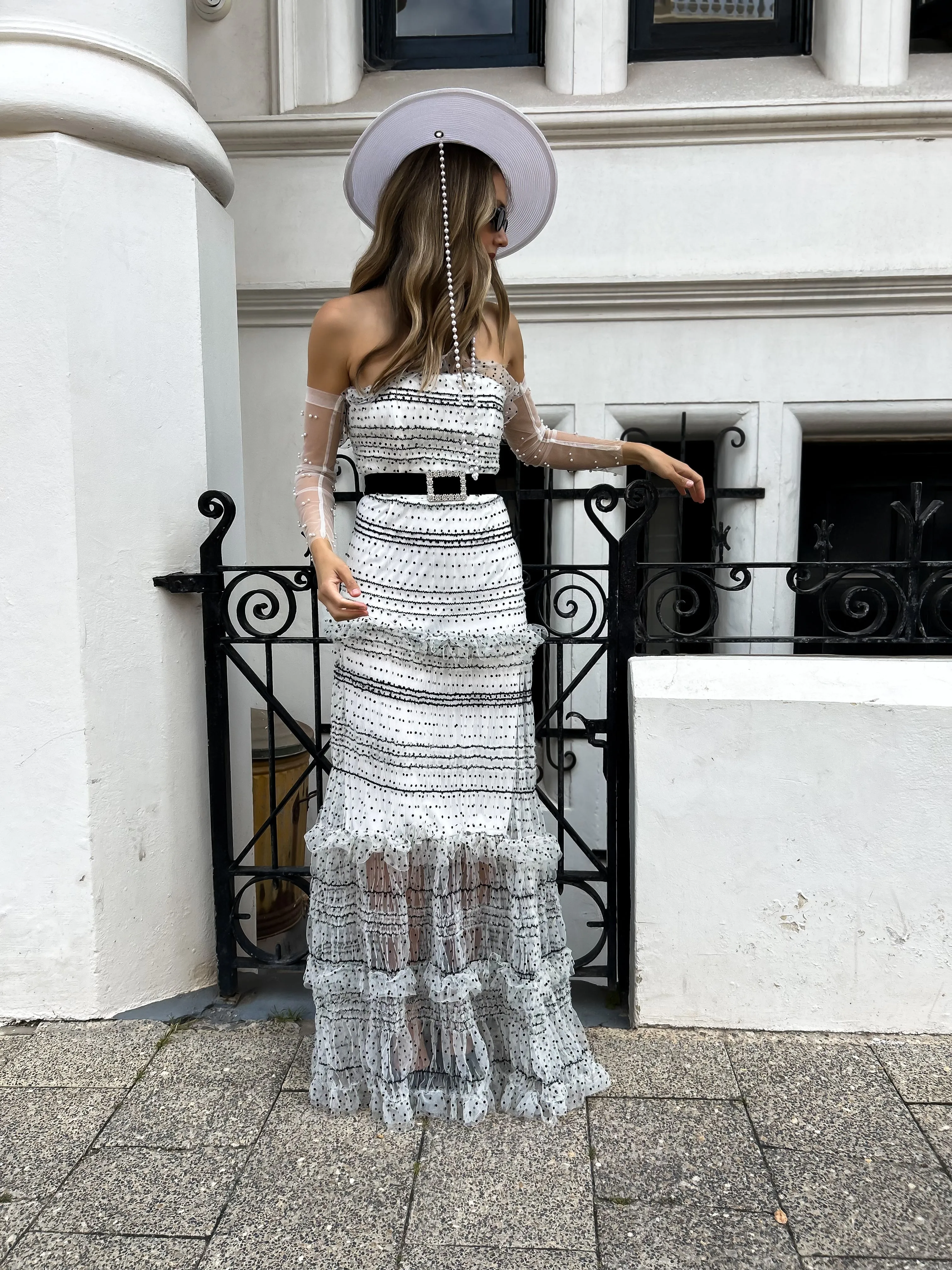 PRIMROSE Belted Tulle Maxi - Polka