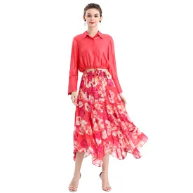 S068-8 Women floral print chiffon asymmetric panelled long flare handkerchief skirt