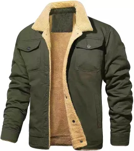 Sherpa Lined Jacket Men Fleece Warm Fuzzy Winter Coats Trucker Lapel Work Cargo Jackets Casual Overcoat with Button