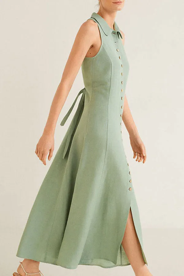 Sleeveless Buttoned Lace-up Shirt Dress