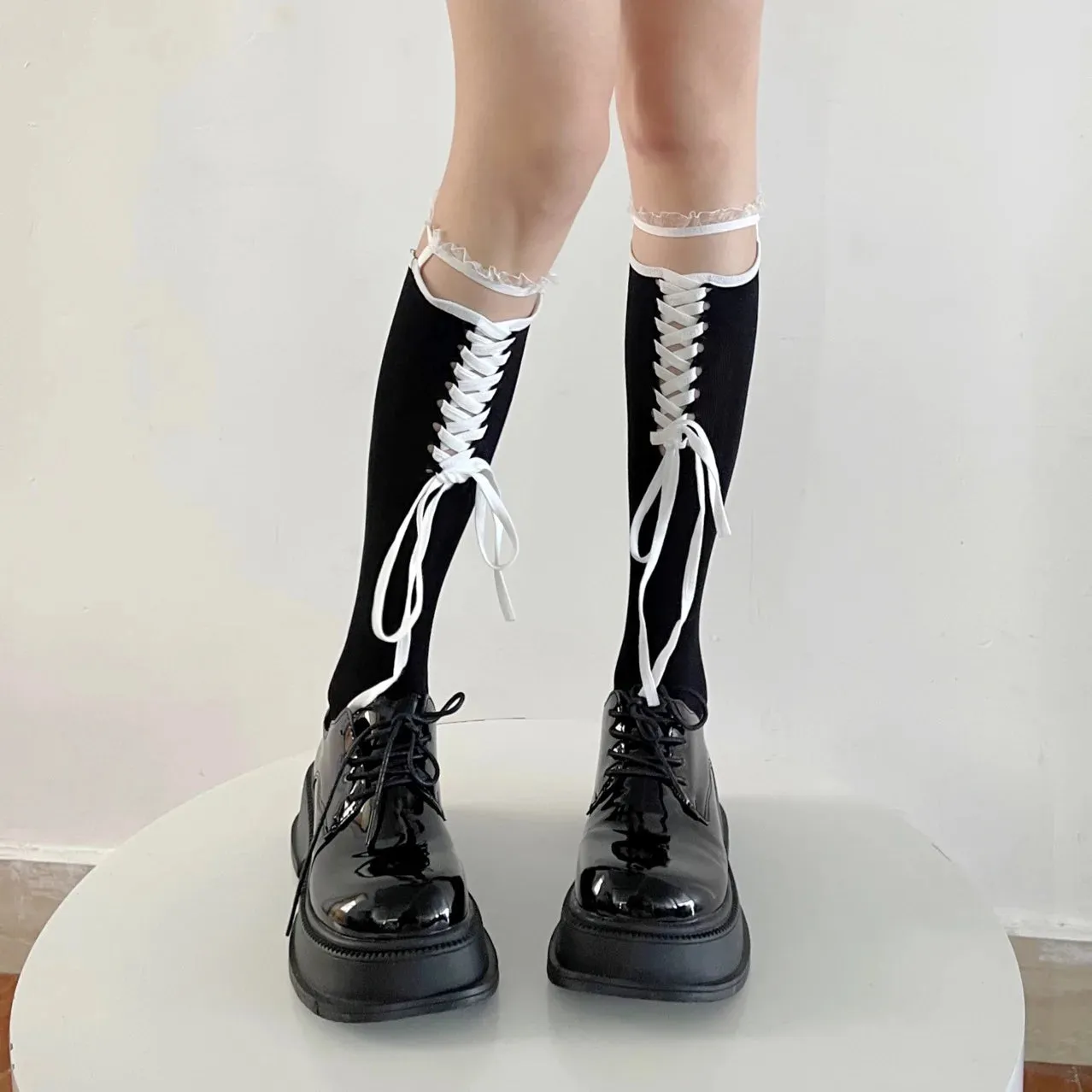 Sohiwoo Lolita lace suspenders Lace leg Stockings Japanese Jk Middle Tube Socks Tie Fishnet Stockings Calf Socks Straps Sexy Thin Socks