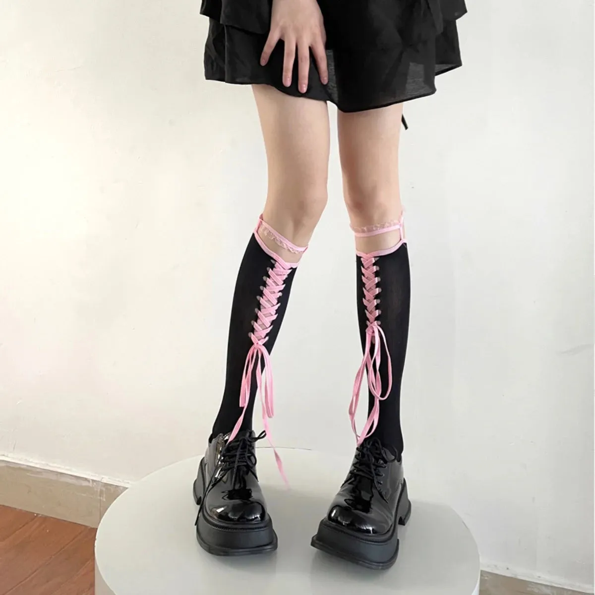 Sohiwoo Lolita lace suspenders Lace leg Stockings Japanese Jk Middle Tube Socks Tie Fishnet Stockings Calf Socks Straps Sexy Thin Socks