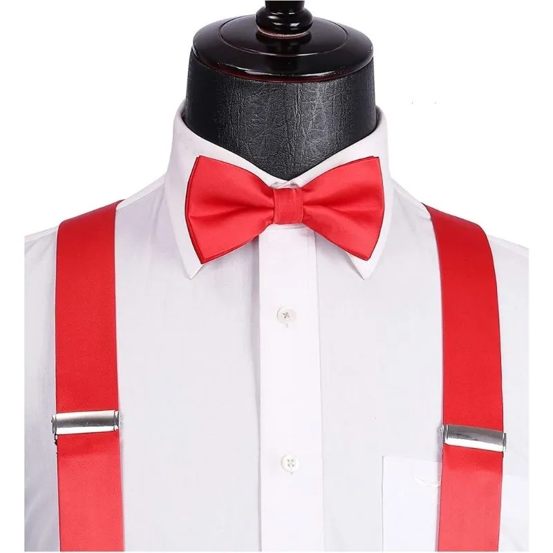 Solid Suspender Pre-Tied Bow Tie Handkerchief - A9-RED