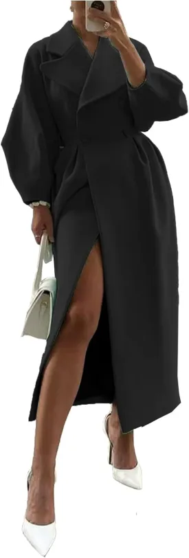 SOMTHRON Women's Casual Trench Coat Double Breasted Notched Lapel Long Lantern Sleeve Jacket Overcoat Pea Coat