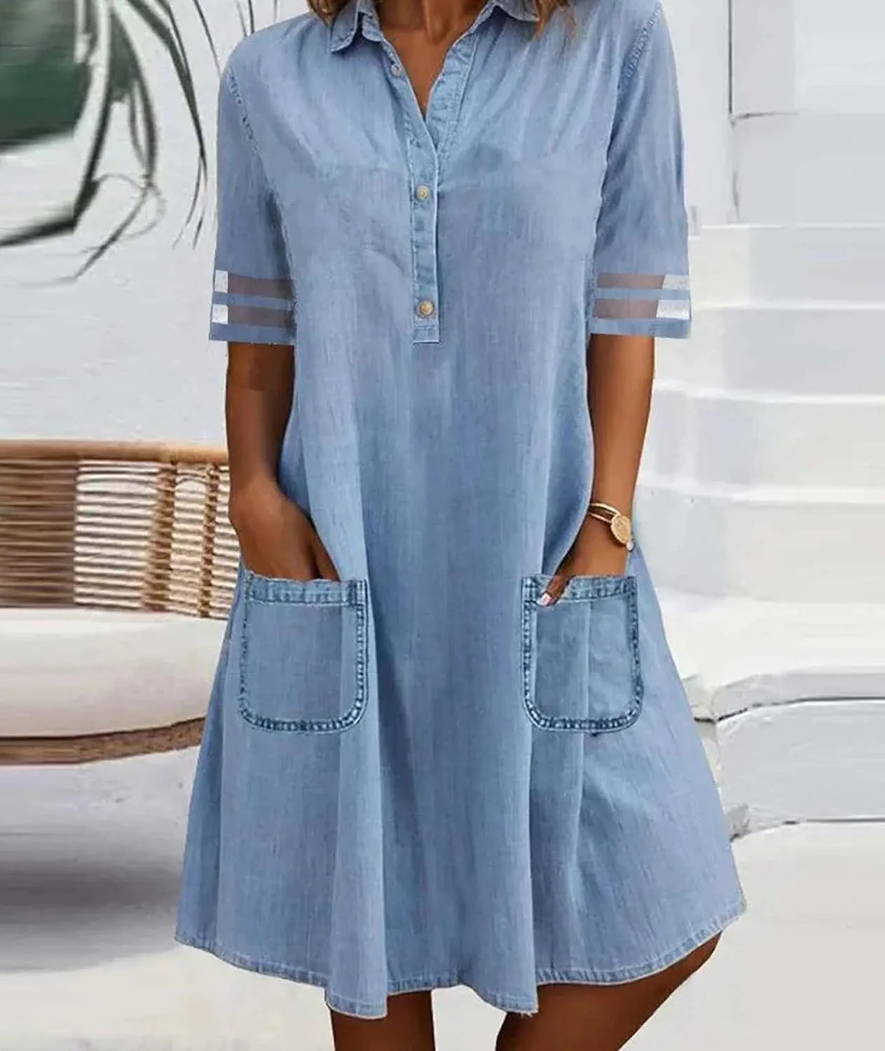 SOMTHRON Women's Denim Shirt Dress Lapel Tulle Short Sleeve Button Down Loose Jean Tunic Midi Dress with Pockets