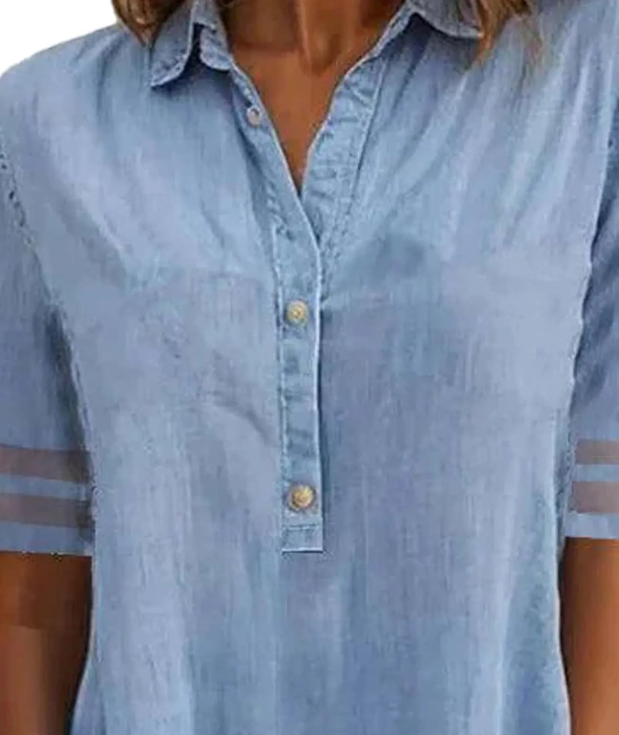 SOMTHRON Women's Denim Shirt Dress Lapel Tulle Short Sleeve Button Down Loose Jean Tunic Midi Dress with Pockets