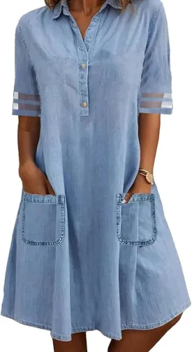 SOMTHRON Women's Denim Shirt Dress Lapel Tulle Short Sleeve Button Down Loose Jean Tunic Midi Dress with Pockets