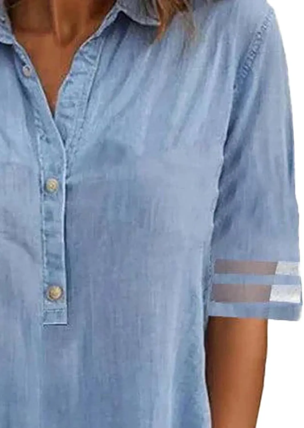 SOMTHRON Women's Denim Shirt Dress Lapel Tulle Short Sleeve Button Down Loose Jean Tunic Midi Dress with Pockets