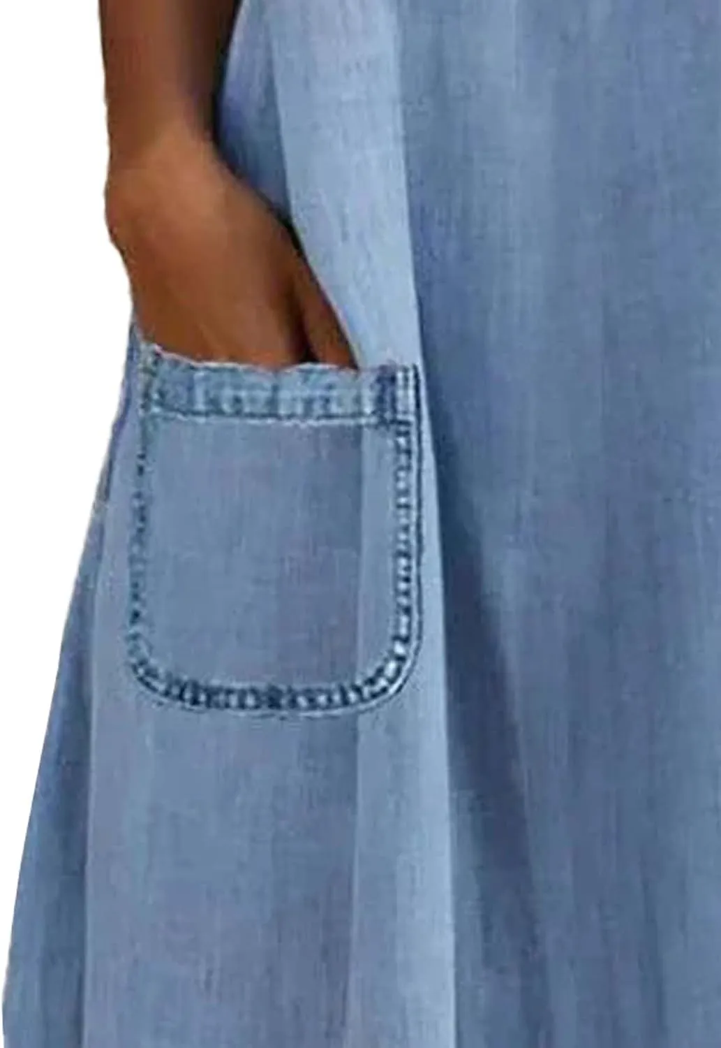 SOMTHRON Women's Denim Shirt Dress Lapel Tulle Short Sleeve Button Down Loose Jean Tunic Midi Dress with Pockets