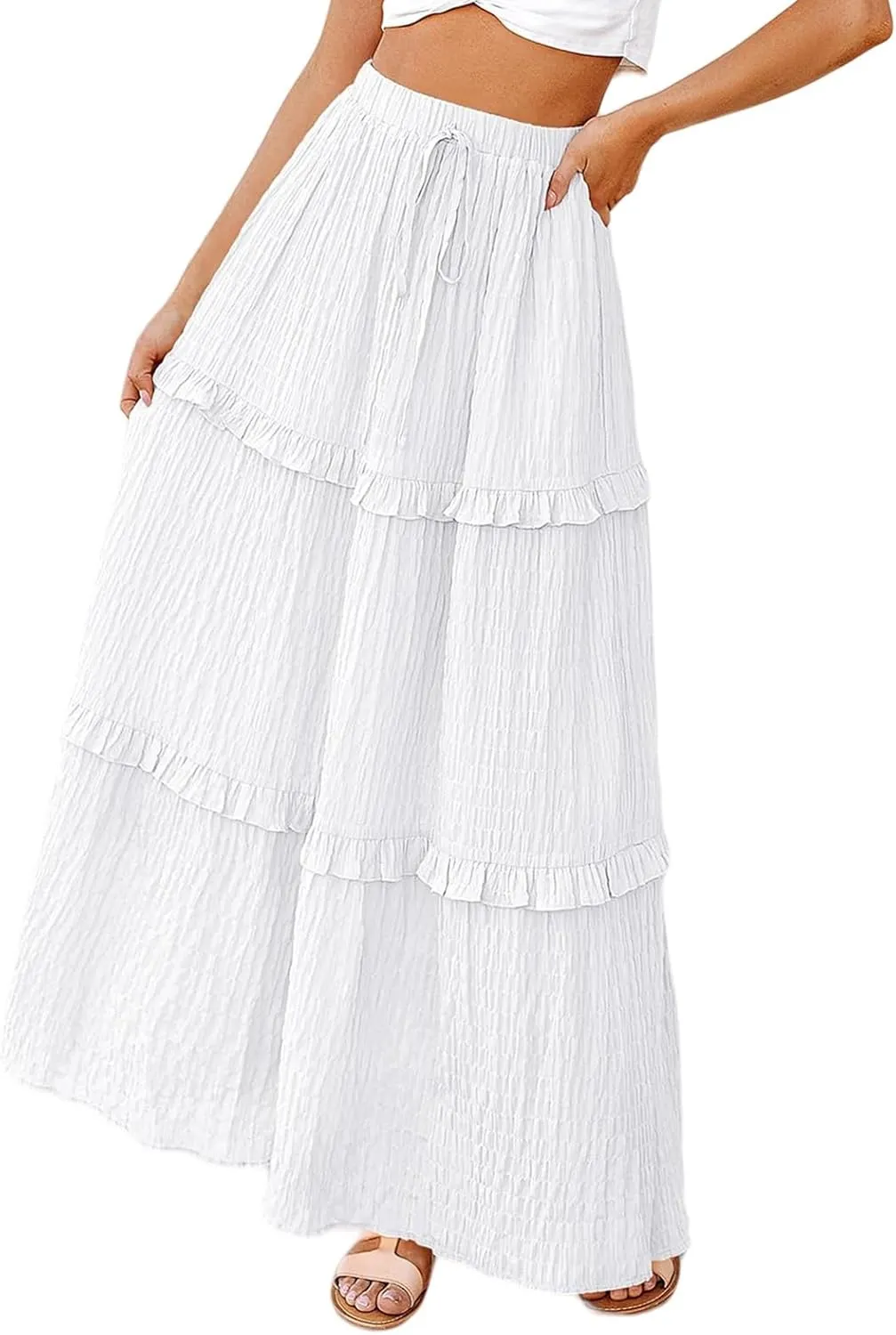 Summer Maxi Skirts for Women Casual High Waisted Drawstring Skirts Elegant Flowy Tiered Ruffle Hem A Line Long Skirt