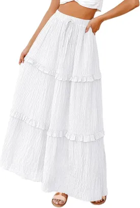 Summer Maxi Skirts for Women Casual High Waisted Drawstring Skirts Elegant Flowy Tiered Ruffle Hem A Line Long Skirt