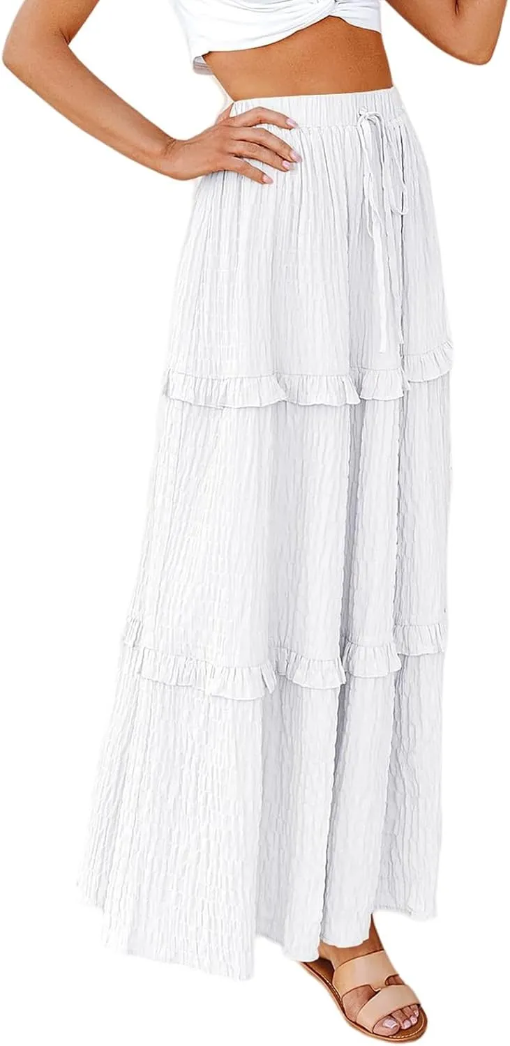 Summer Maxi Skirts for Women Casual High Waisted Drawstring Skirts Elegant Flowy Tiered Ruffle Hem A Line Long Skirt