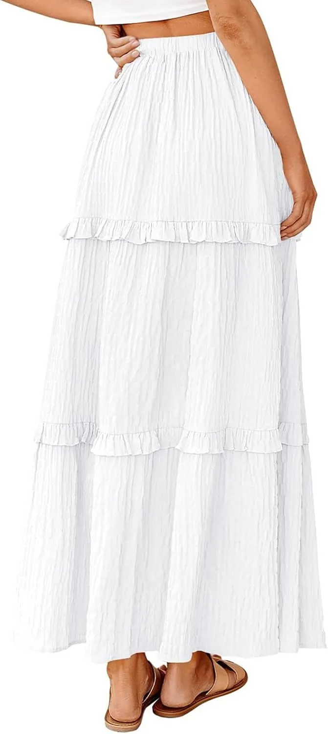 Summer Maxi Skirts for Women Casual High Waisted Drawstring Skirts Elegant Flowy Tiered Ruffle Hem A Line Long Skirt