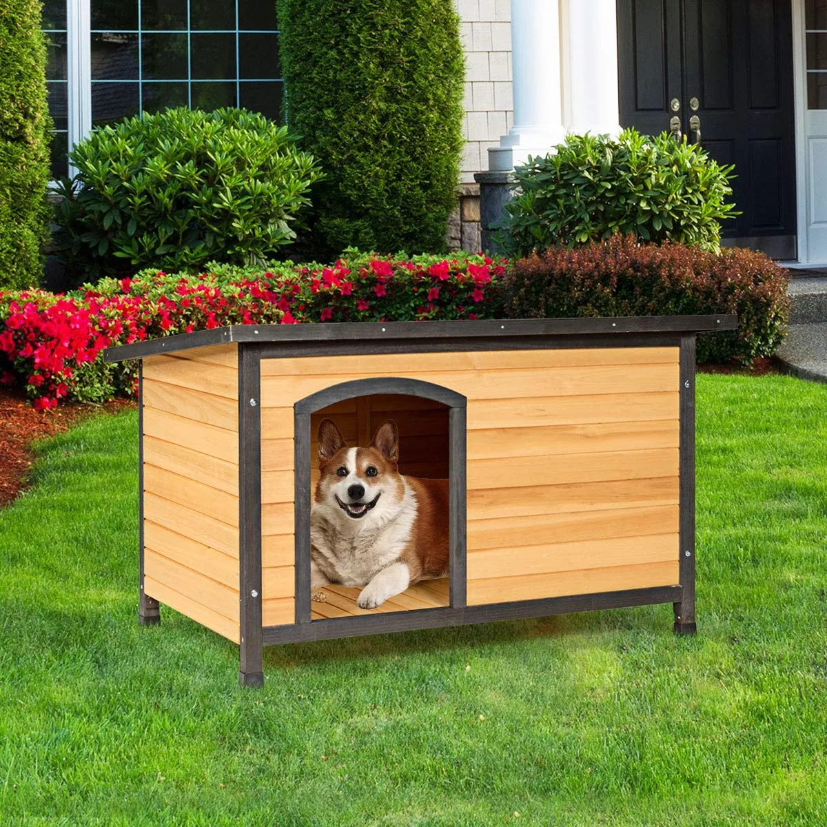 Tangkula Wooden Dog House, Outdoor Weather Resistant Pet Log Cabin