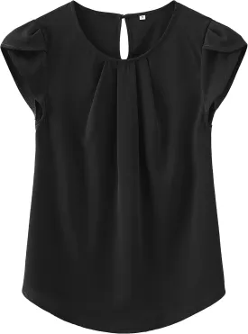 TASAMO Women's Casual Round Neck Basic Pleated Top Cap Sleeve Curved Keyhole Back Chiffon Blouse