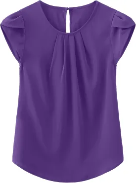 TASAMO Women's Casual Round Neck Basic Pleated Top Cap Sleeve Curved Keyhole Back Chiffon Blouse