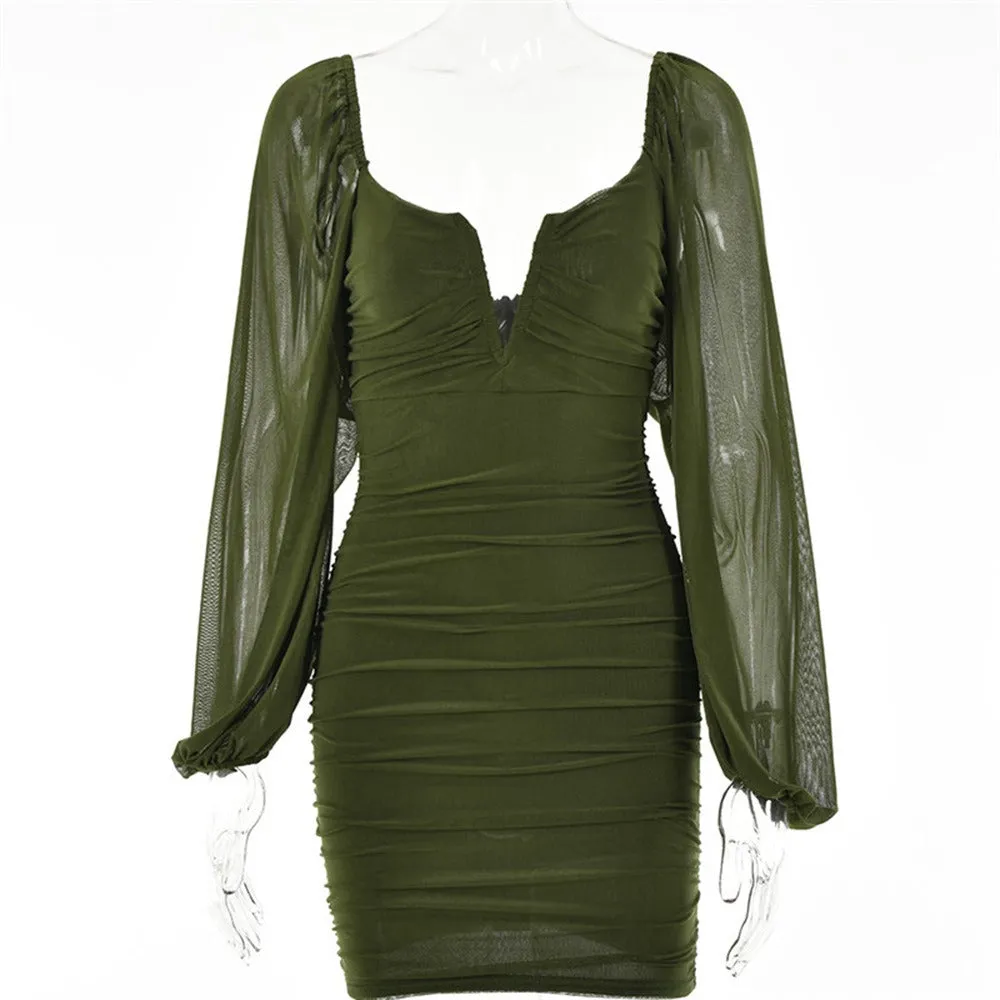 Temperament V-neck low-cut short skirt Summer hot sale new fashion lantern sleeve backless dress