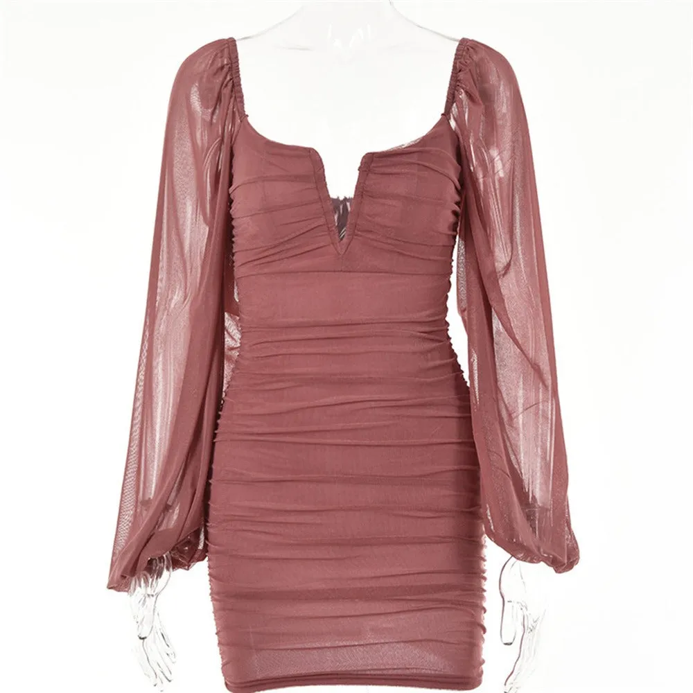 Temperament V-neck low-cut short skirt Summer hot sale new fashion lantern sleeve backless dress