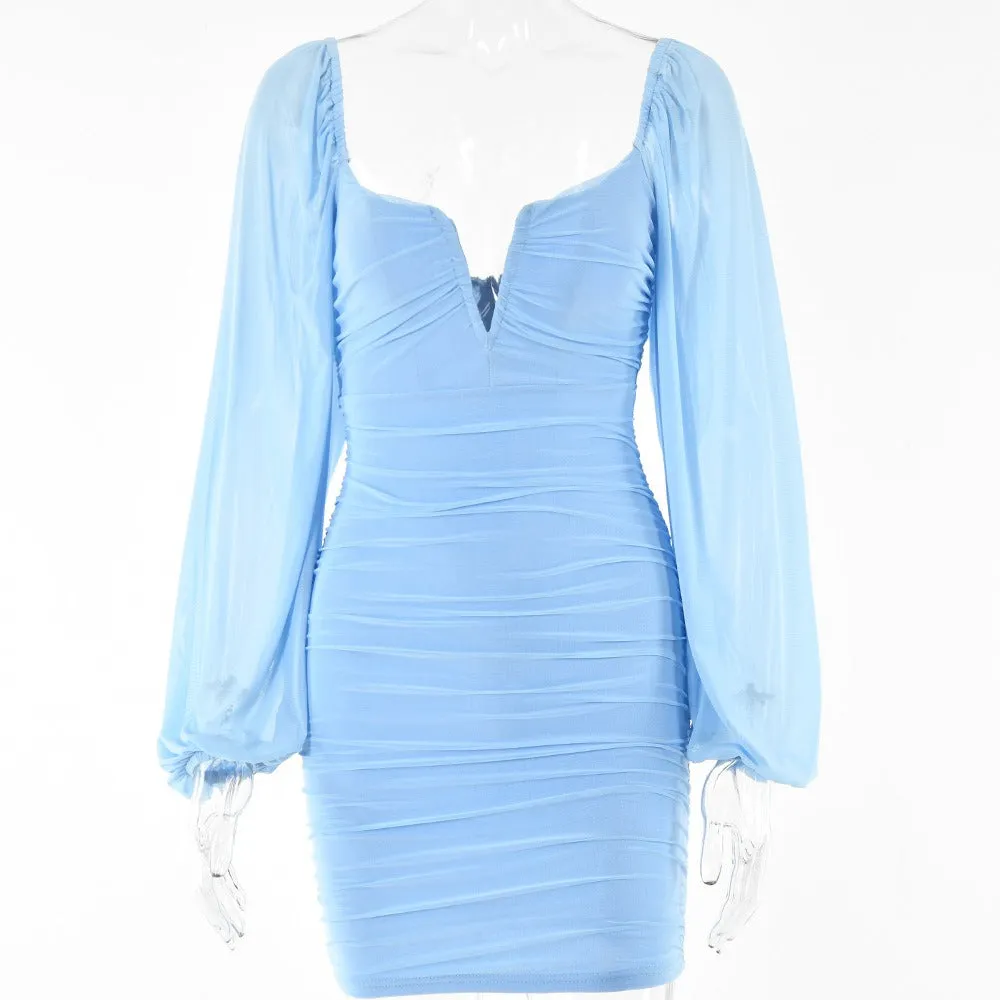Temperament V-neck low-cut short skirt Summer hot sale new fashion lantern sleeve backless dress