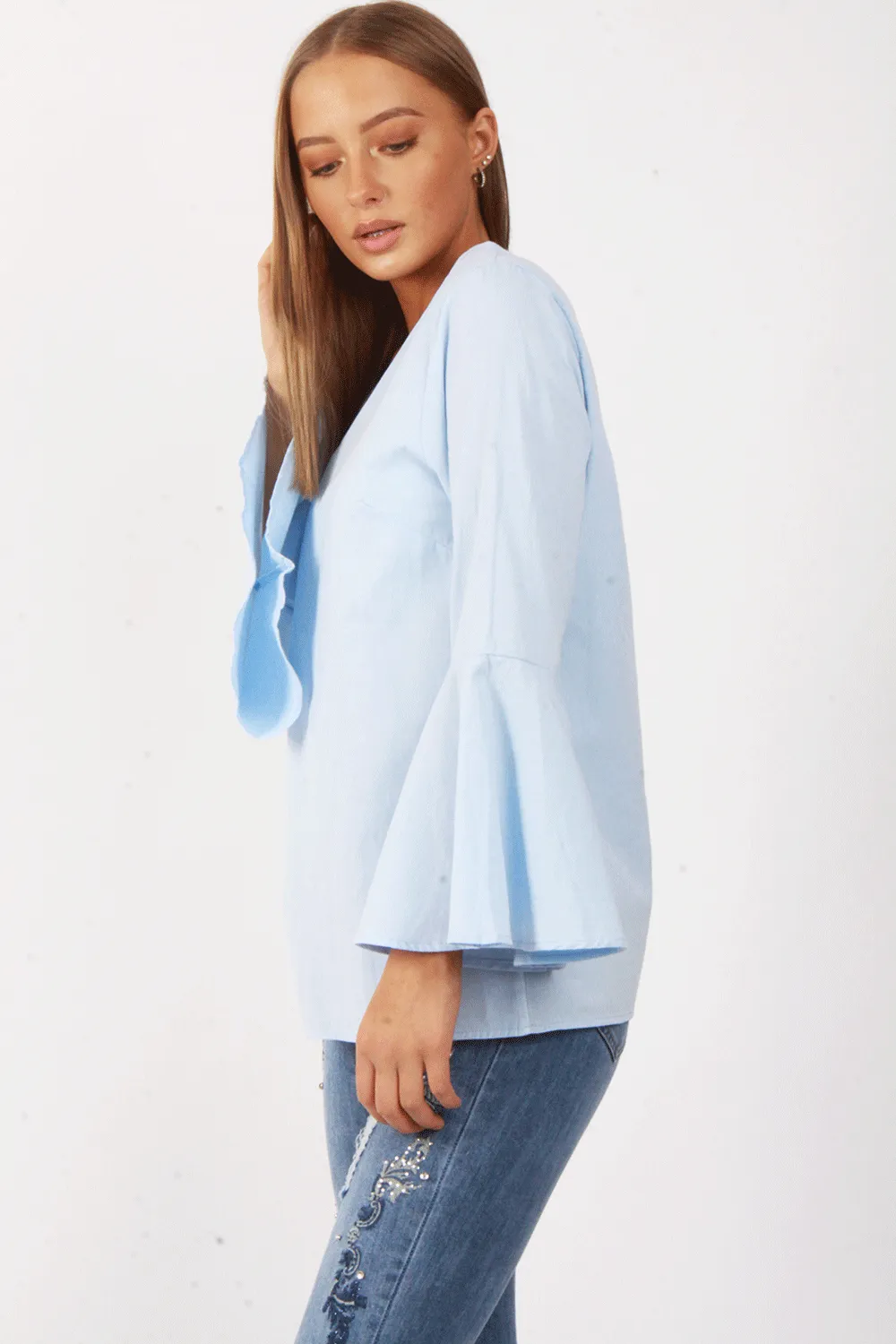 V Neck Ruffle Sleeves Flare Blouse Top