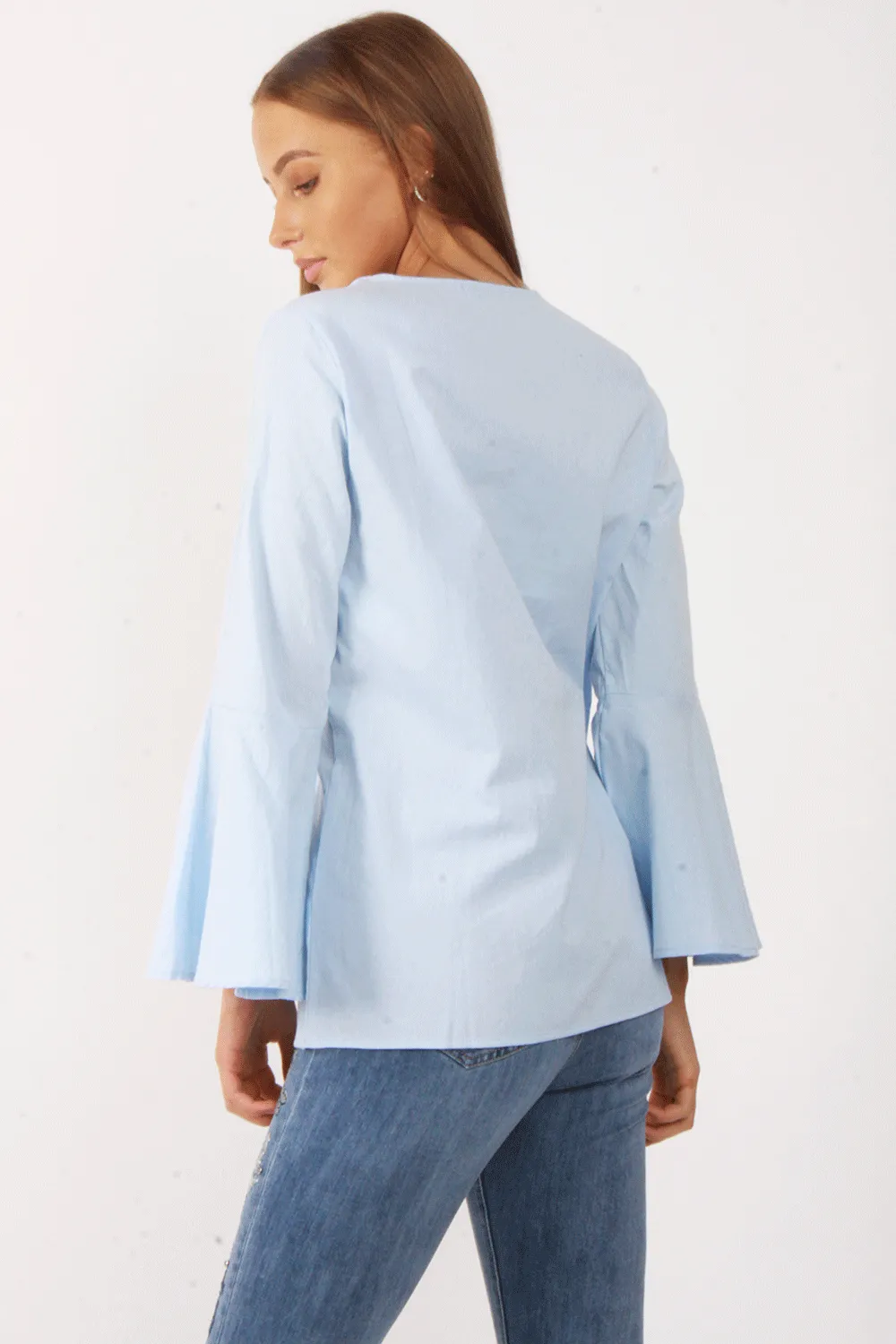 V Neck Ruffle Sleeves Flare Blouse Top