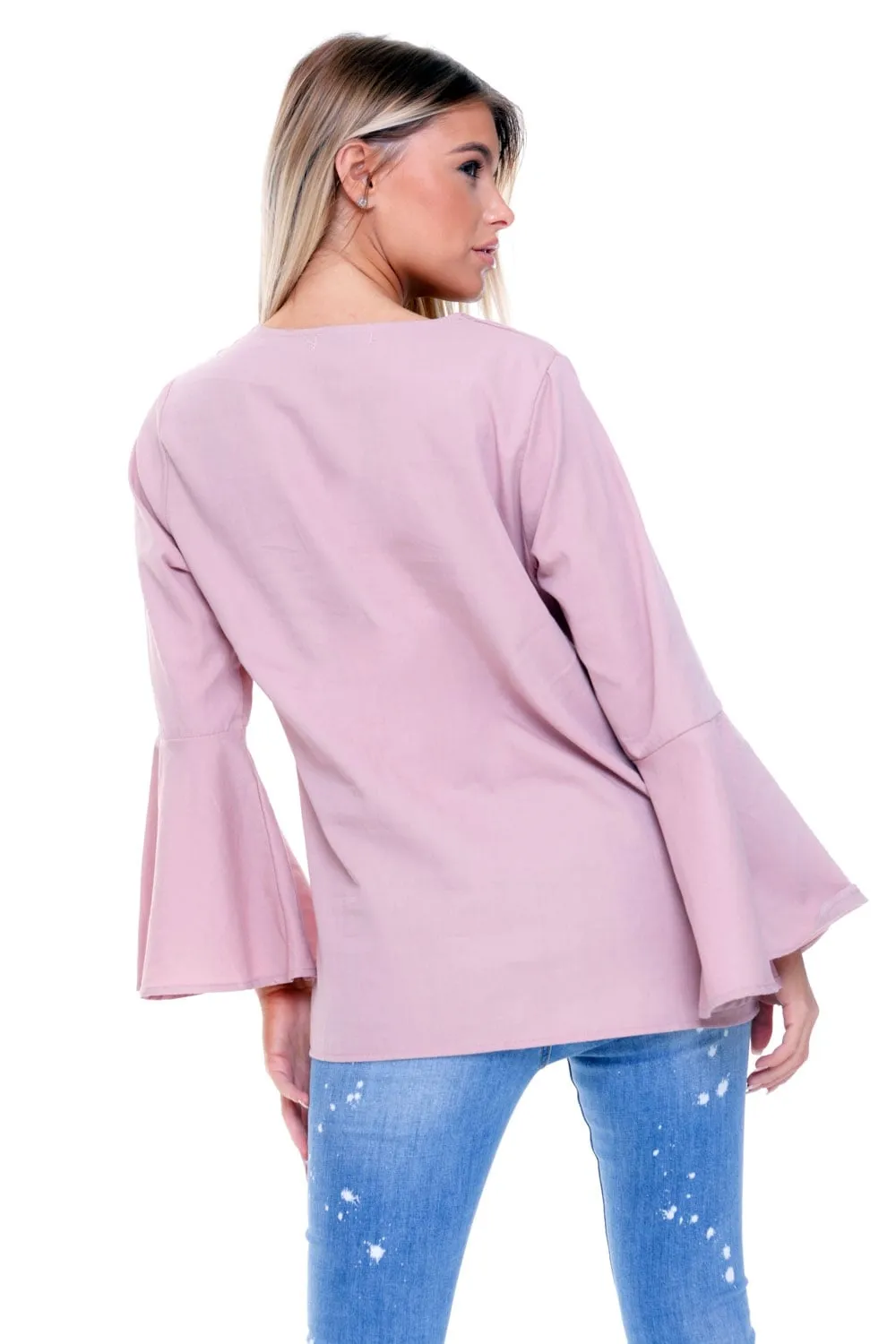 V Neck Ruffle Sleeves Flare Blouse Top
