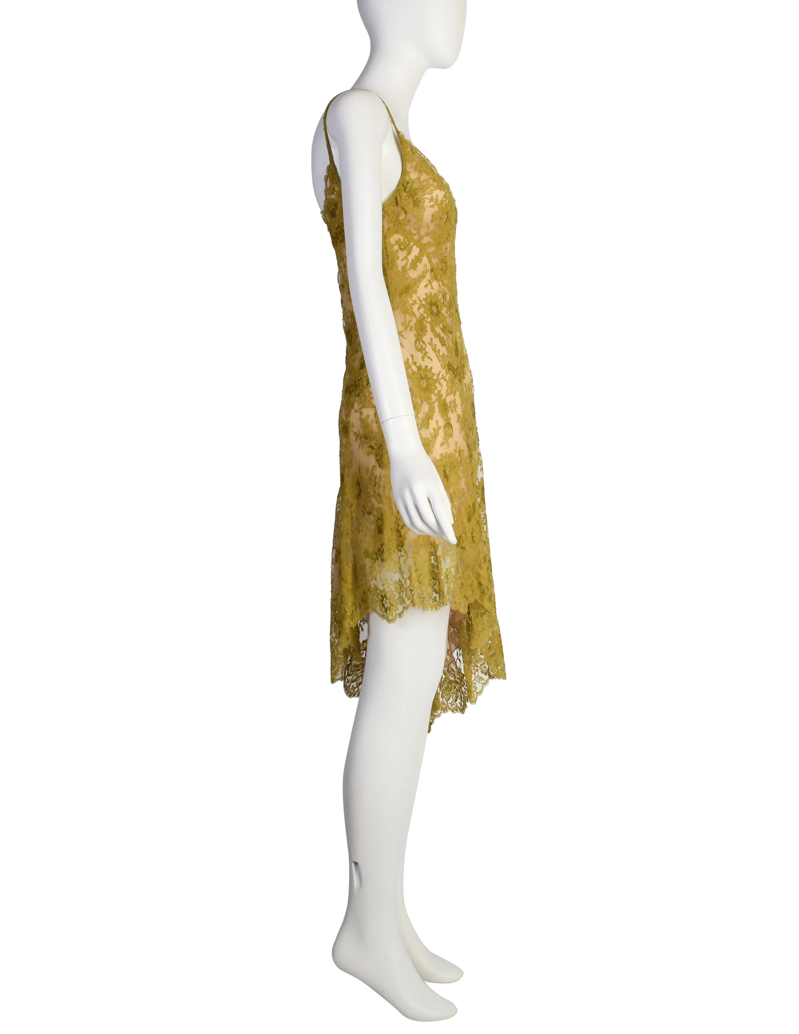 Valentino Vintage SS 1997 Chartreuse Floral Lace Asymmetric Dress and Shirt Ensemble