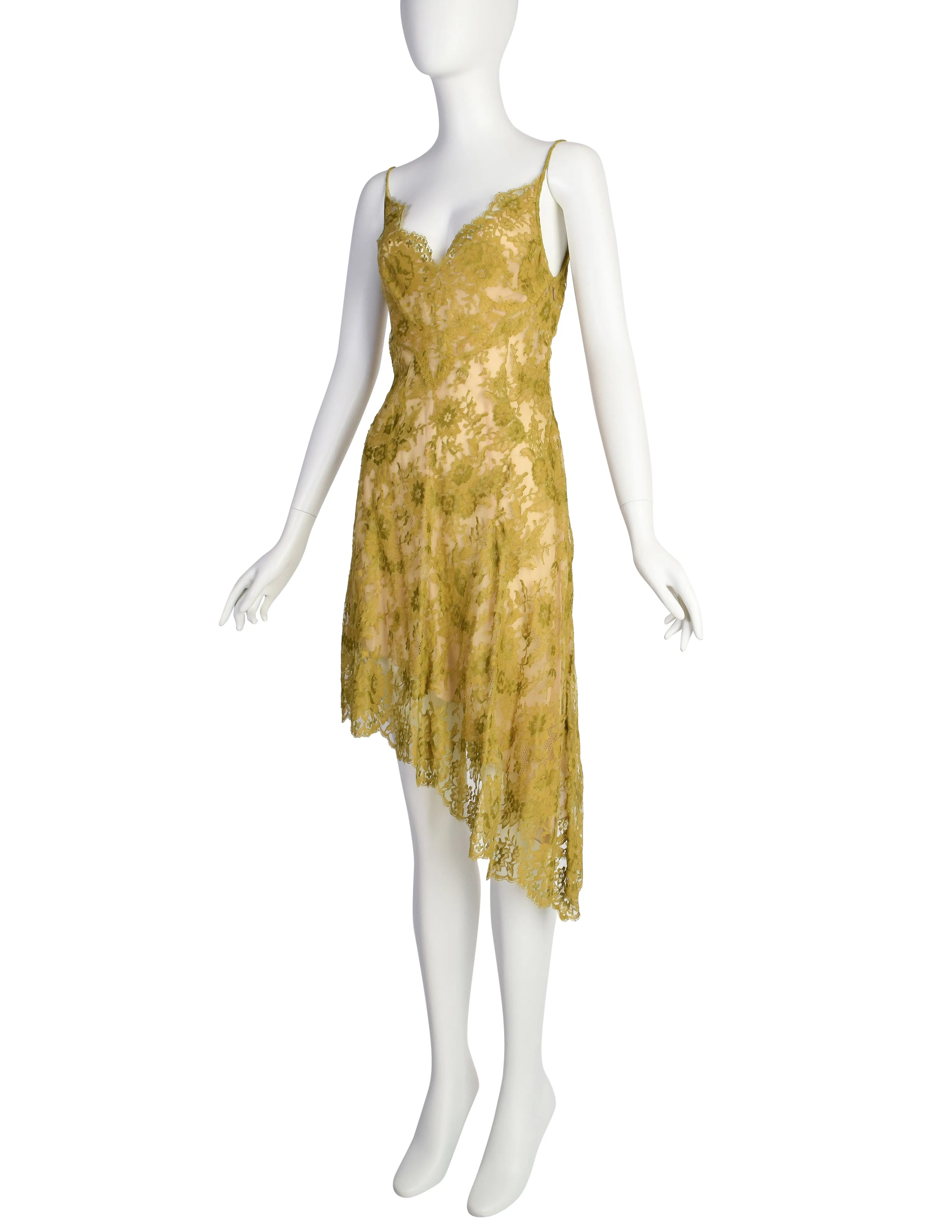 Valentino Vintage SS 1997 Chartreuse Floral Lace Asymmetric Dress and Shirt Ensemble