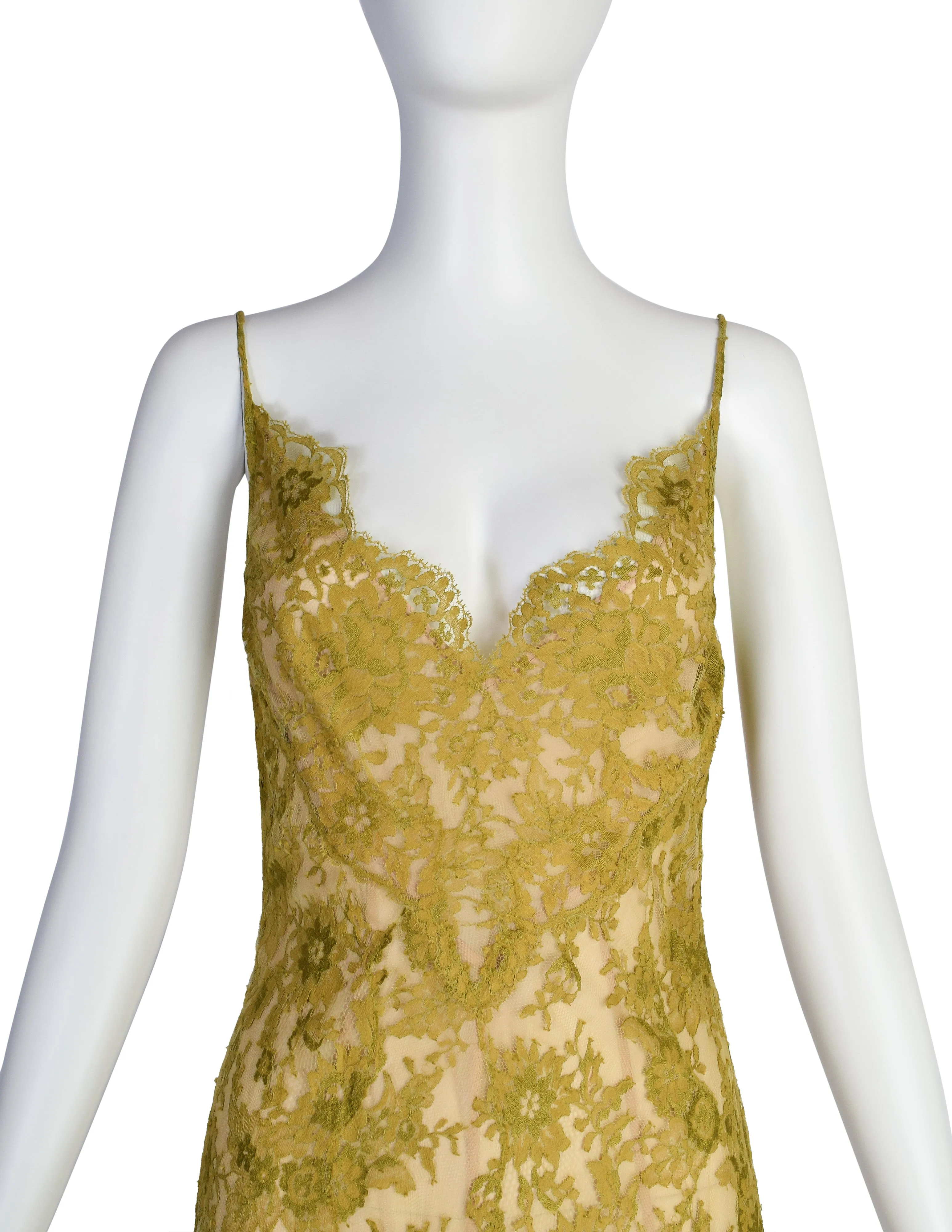 Valentino Vintage SS 1997 Chartreuse Floral Lace Asymmetric Dress and Shirt Ensemble