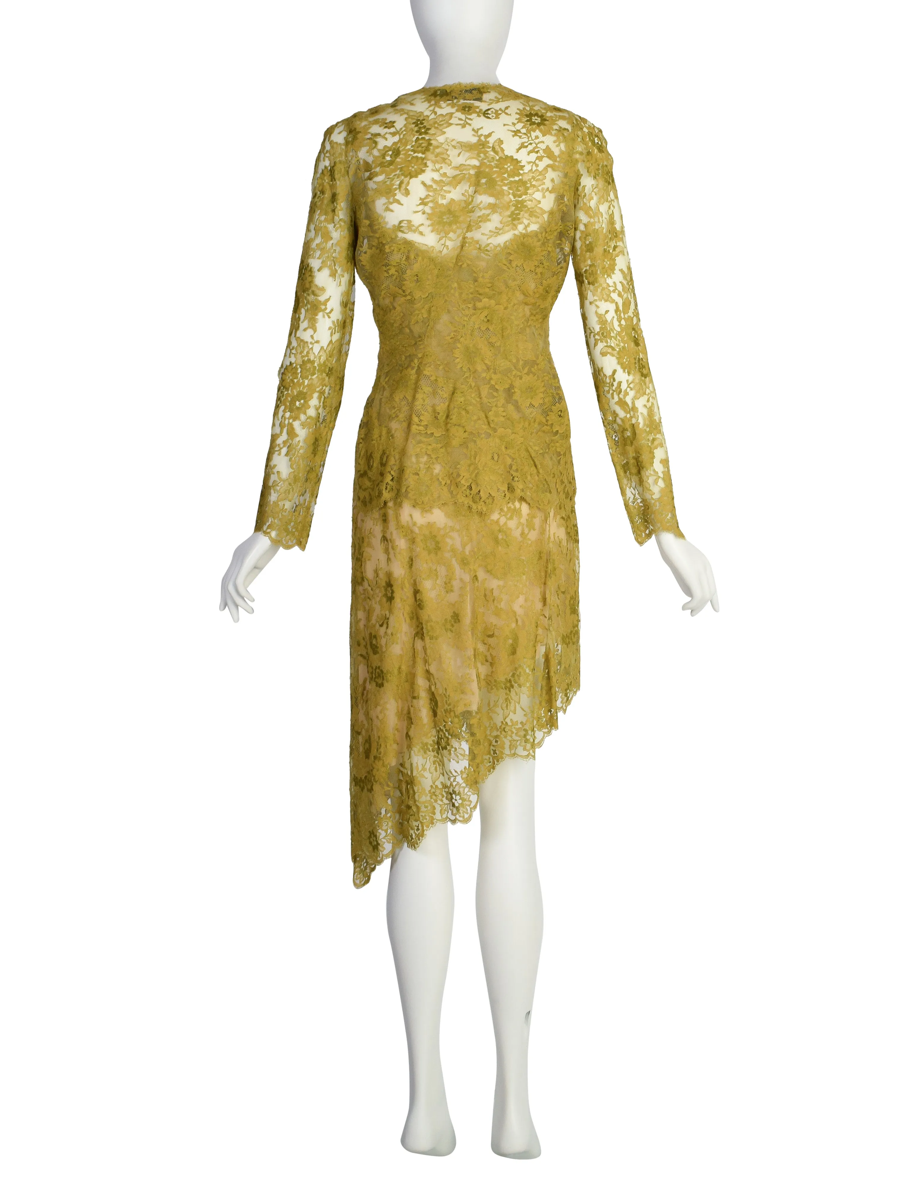 Valentino Vintage SS 1997 Chartreuse Floral Lace Asymmetric Dress and Shirt Ensemble