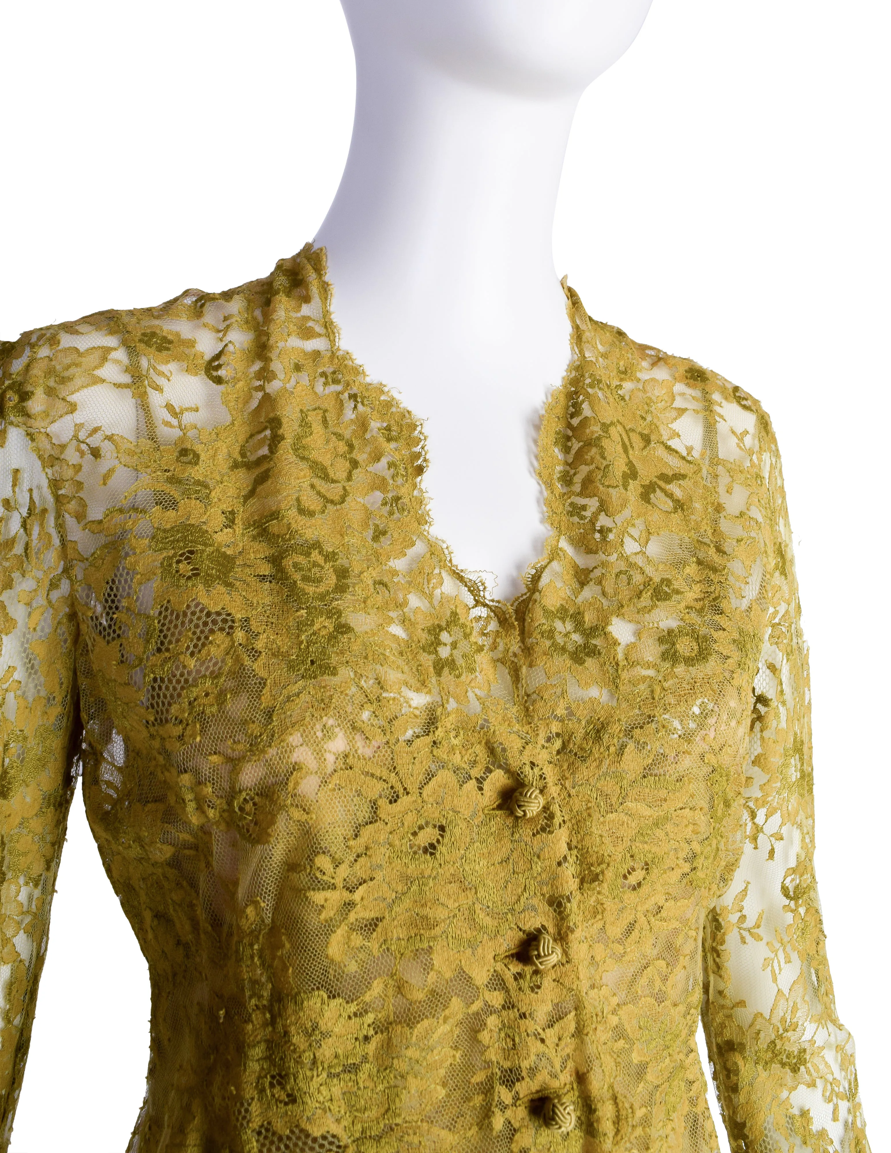 Valentino Vintage SS 1997 Chartreuse Floral Lace Asymmetric Dress and Shirt Ensemble