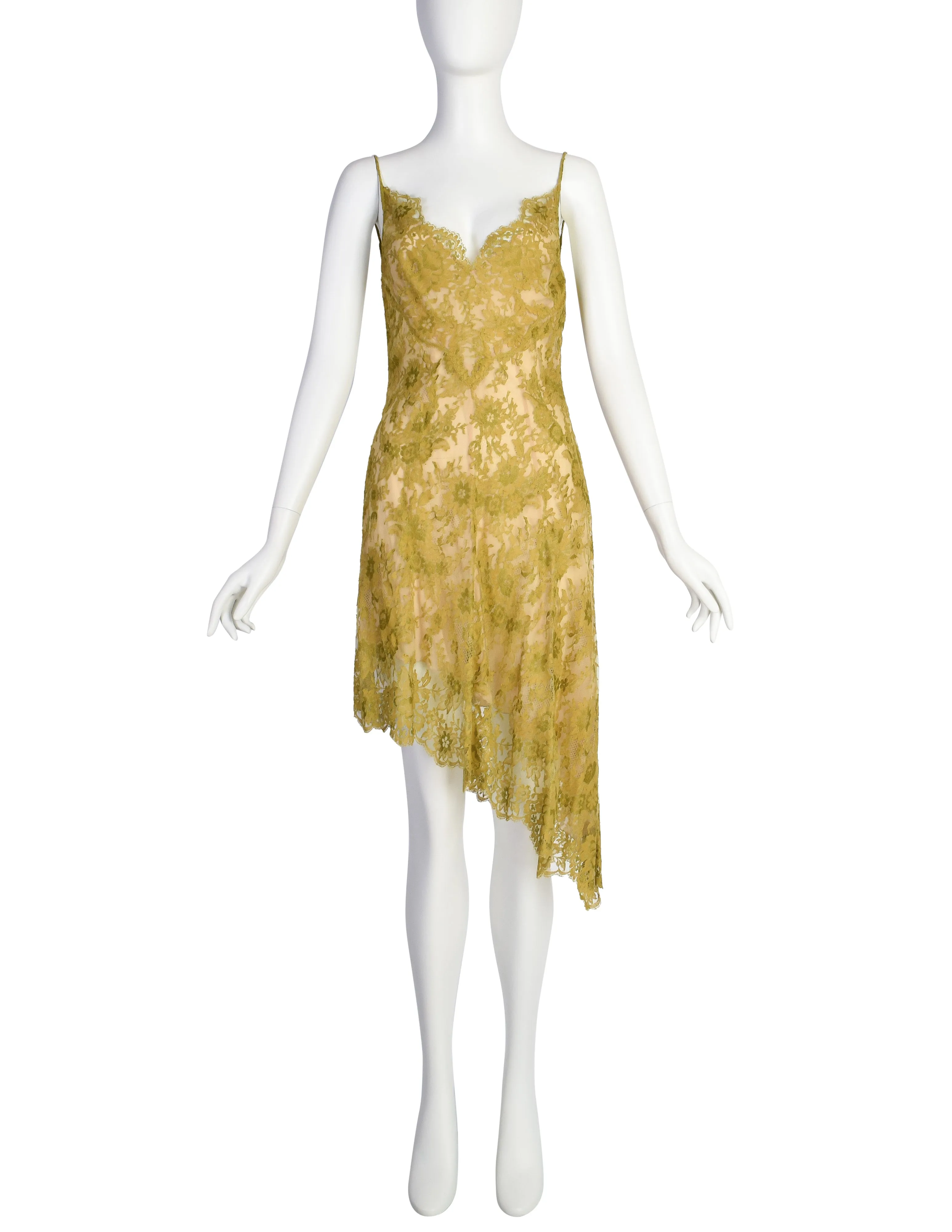 Valentino Vintage SS 1997 Chartreuse Floral Lace Asymmetric Dress and Shirt Ensemble