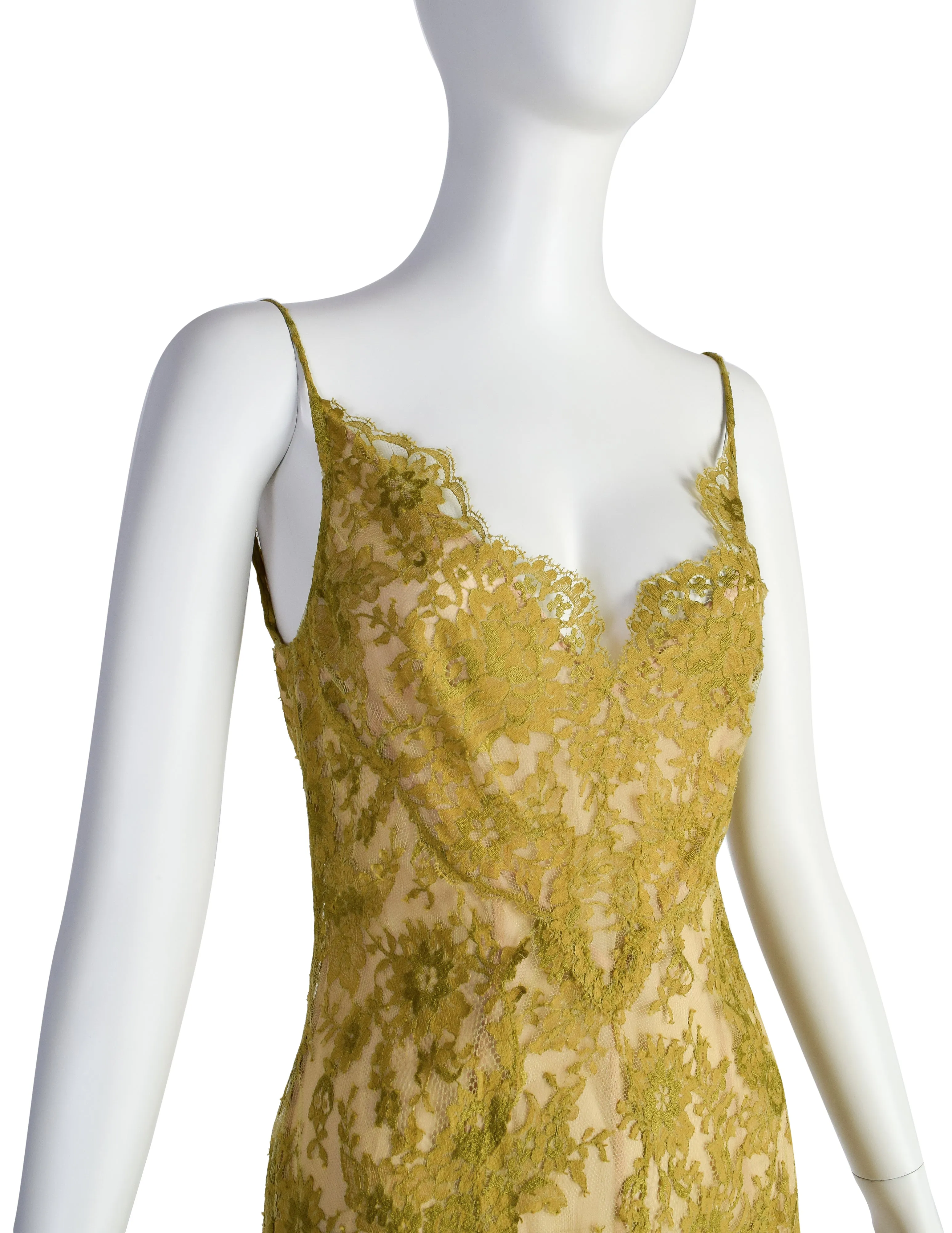 Valentino Vintage SS 1997 Chartreuse Floral Lace Asymmetric Dress and Shirt Ensemble