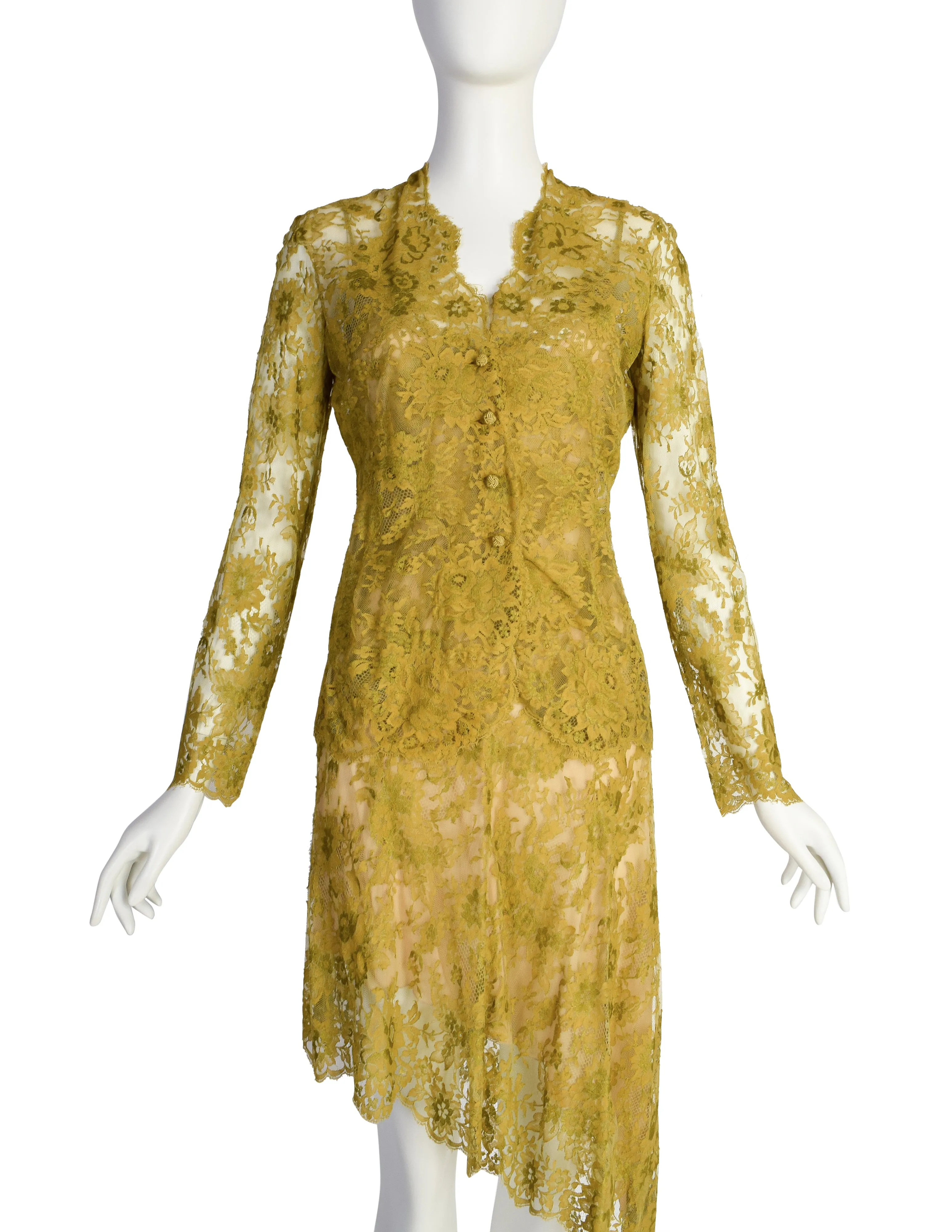Valentino Vintage SS 1997 Chartreuse Floral Lace Asymmetric Dress and Shirt Ensemble