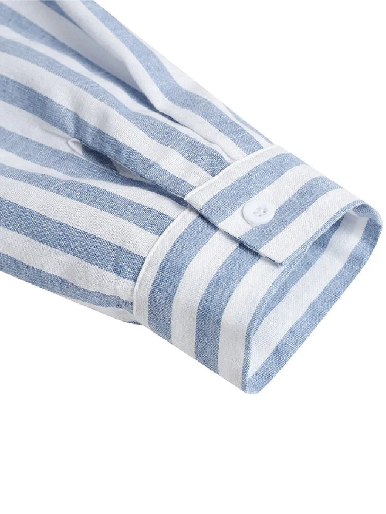 Women 100% Cotton Classical Striped Print Lapel Button Front Lace-Up Casual Shirt Dress