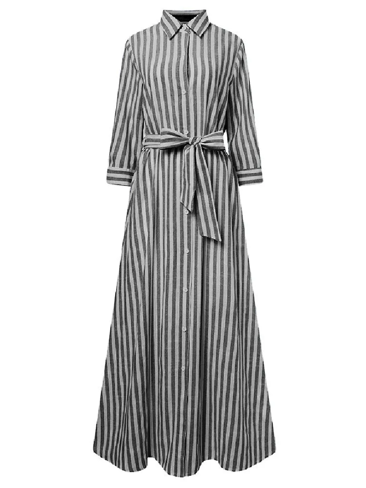 Women 100% Cotton Classical Striped Print Lapel Button Front Lace-Up Casual Shirt Dress