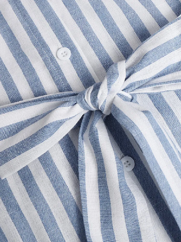 Women 100% Cotton Classical Striped Print Lapel Button Front Lace-Up Casual Shirt Dress