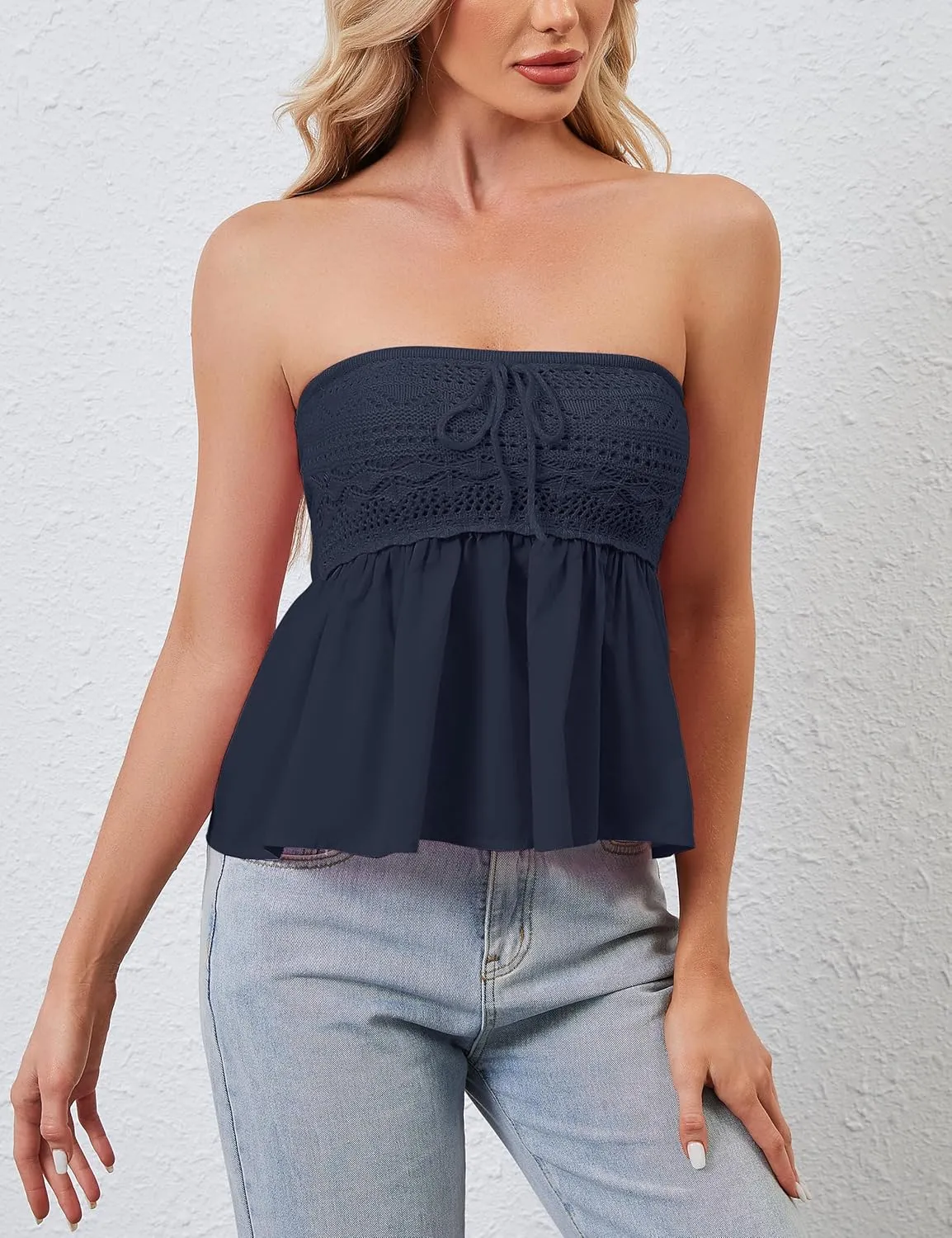 Women Floral Print Strapless Bandeau Top Summer Sleeveless Flowy Cute Tube Tops Y2k Going Out Peplum Top