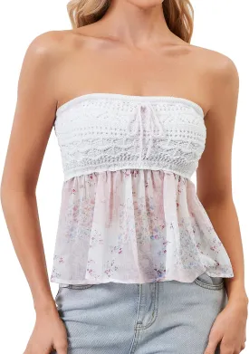 Women Floral Print Strapless Bandeau Top Summer Sleeveless Flowy Cute Tube Tops Y2k Going Out Peplum Top