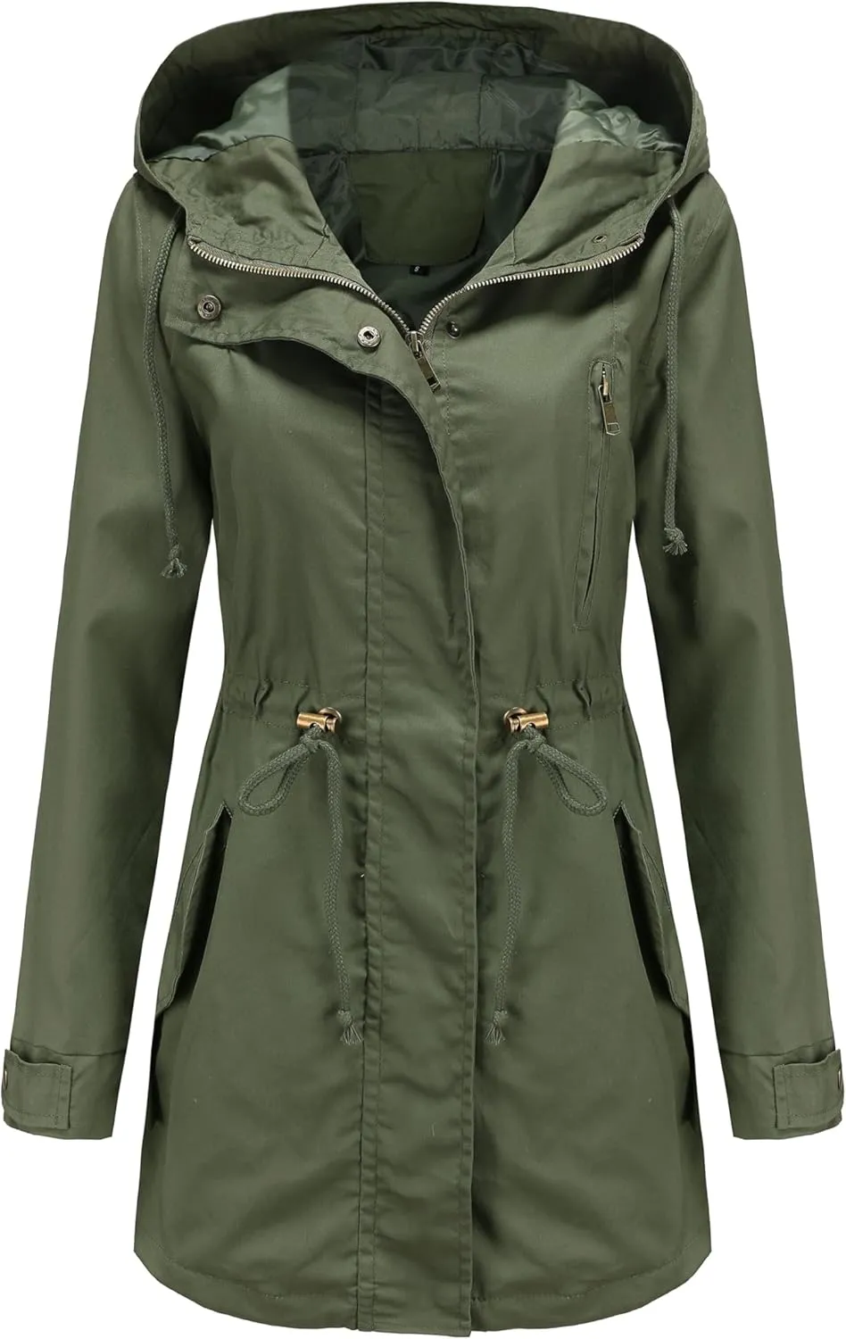 Women Trench Coat Windbreaker Zip Up Jacket With Pockets Casual Long Sleeve Outwear with Waist Drawstring