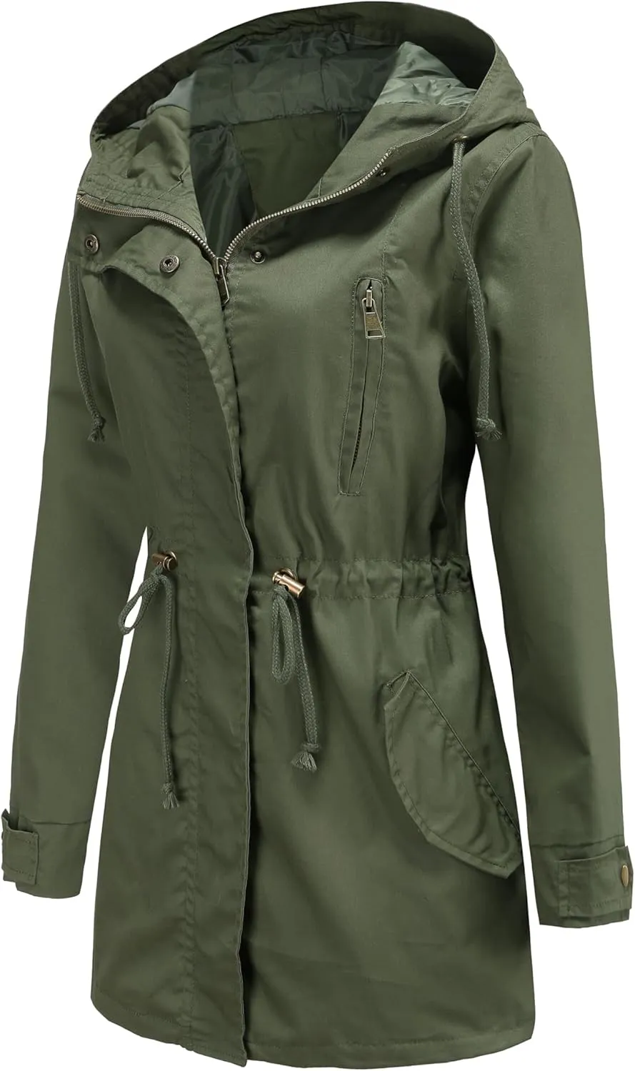 Women Trench Coat Windbreaker Zip Up Jacket With Pockets Casual Long Sleeve Outwear with Waist Drawstring