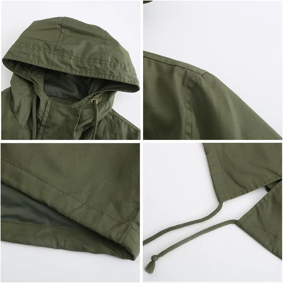 Women Trench Coat Windbreaker Zip Up Jacket With Pockets Casual Long Sleeve Outwear with Waist Drawstring