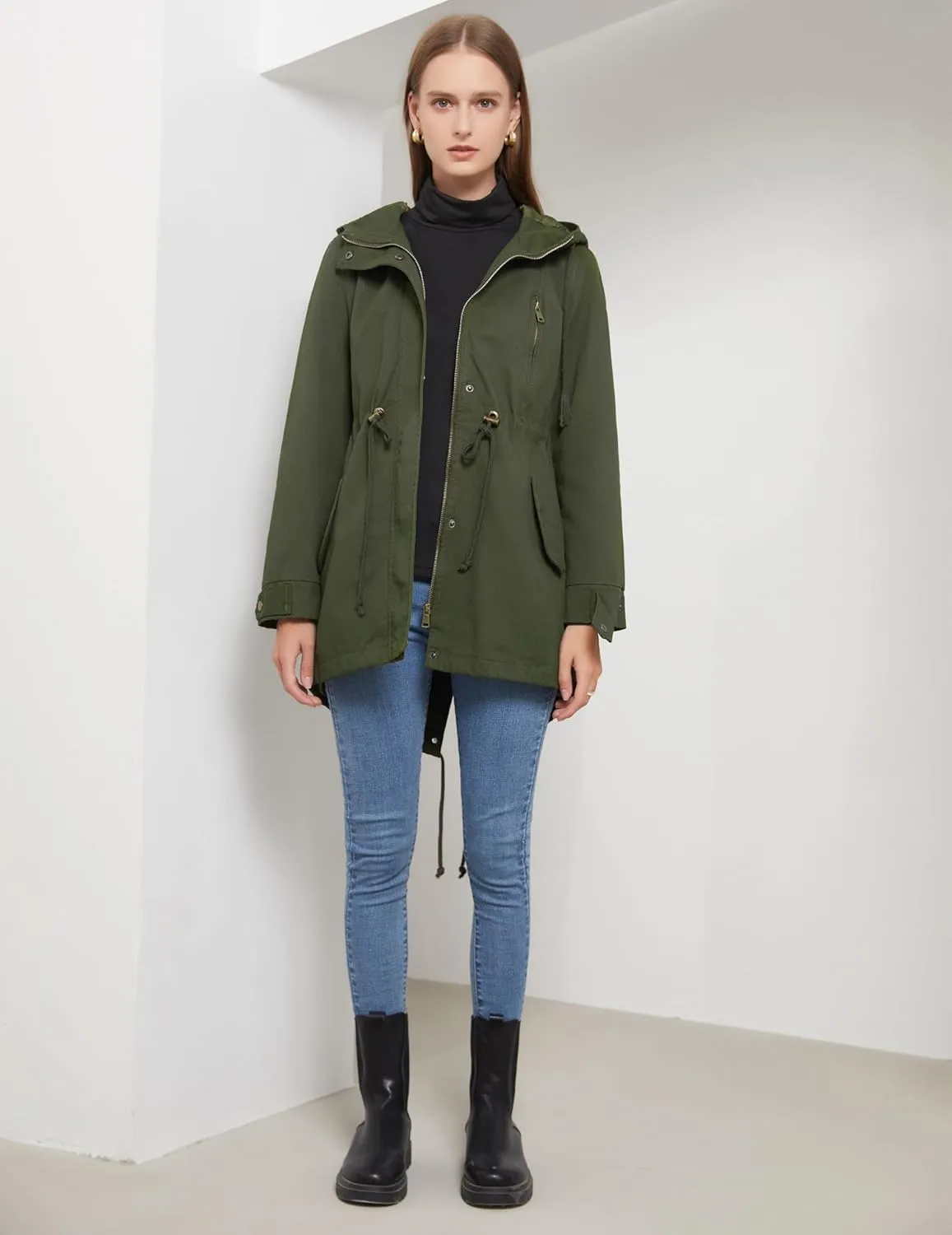 Women Trench Coat Windbreaker Zip Up Jacket With Pockets Casual Long Sleeve Outwear with Waist Drawstring