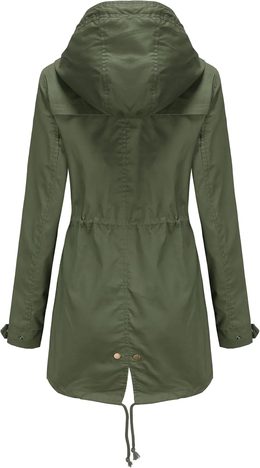 Women Trench Coat Windbreaker Zip Up Jacket With Pockets Casual Long Sleeve Outwear with Waist Drawstring