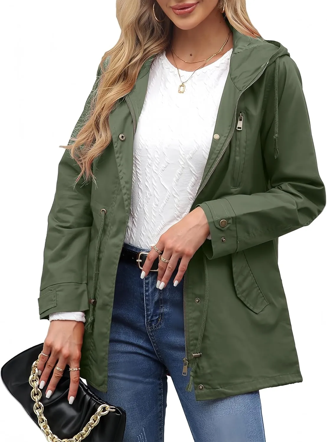 Women Trench Coat Windbreaker Zip Up Jacket With Pockets Casual Long Sleeve Outwear with Waist Drawstring